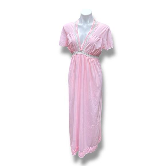 Vintage Other - Vintage Rutledge Nightgown Pink Deep V Maxi Coquette Flutter Sleeves Womens Sz L